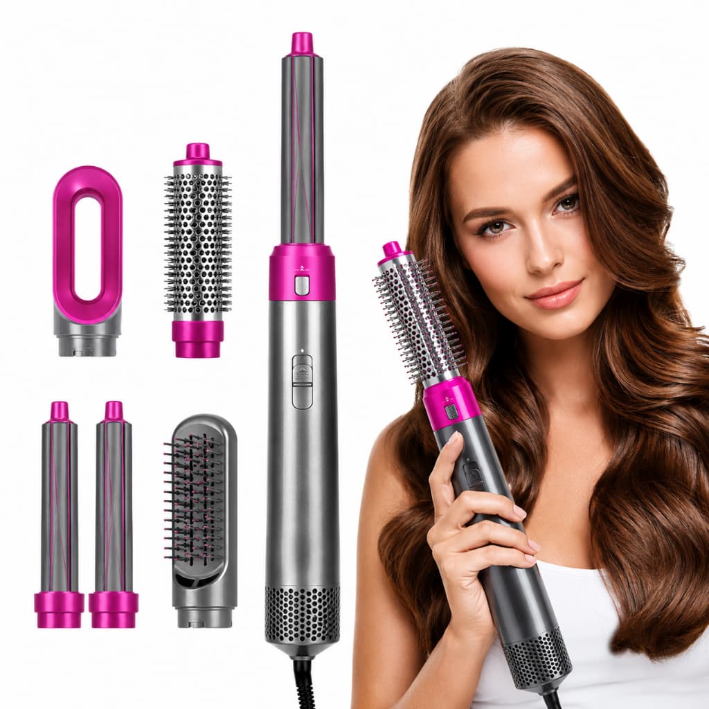 Kit 5 em 1 Secador Modelador Escova de Cabelo Cachos Alisadora Elétrica AntiFrizz 110V