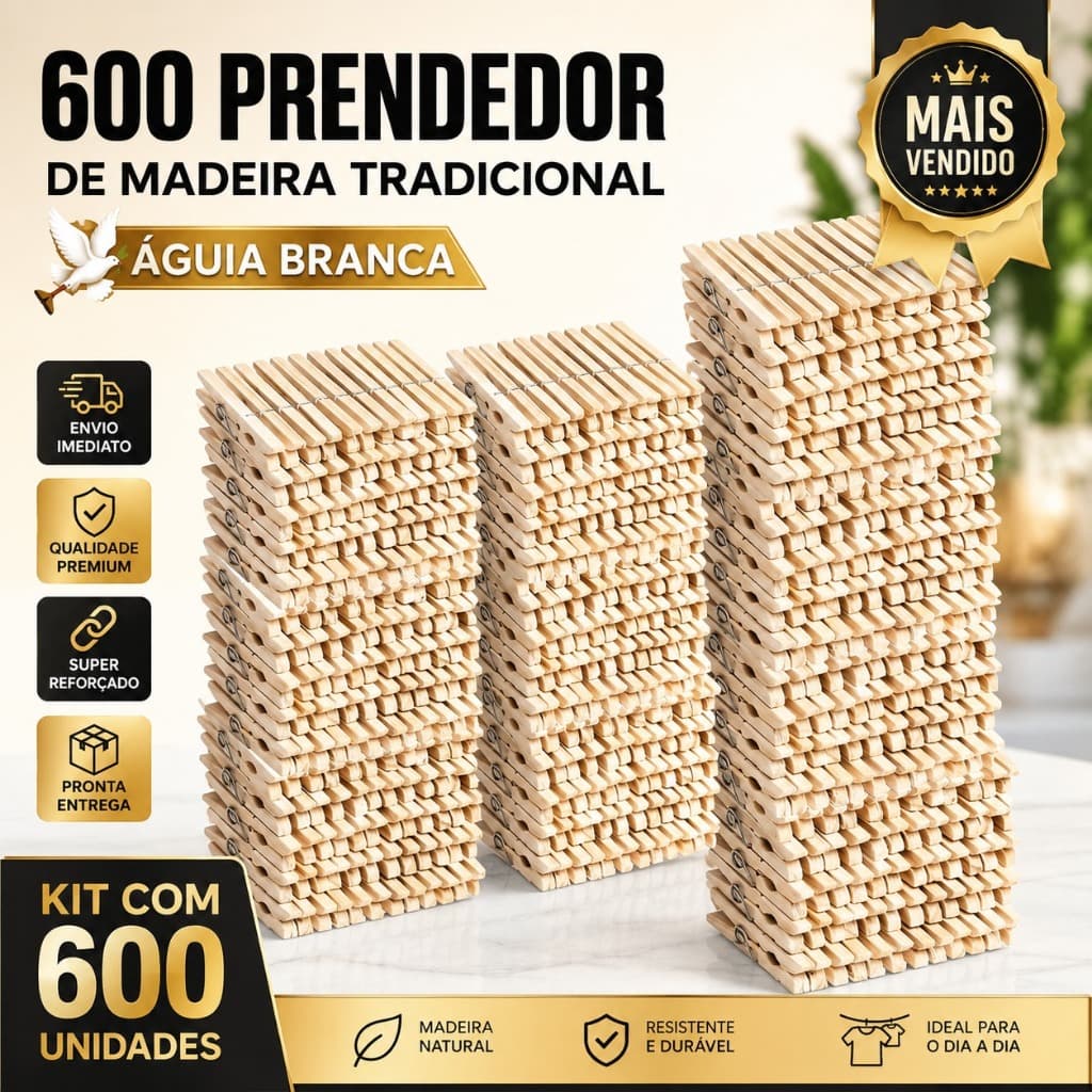 KIT 600 Prendedores Prendedor de Roupa Reforçado de madeira ÁGUIA BRANCA  tradicional ENVIO IMEDIATO