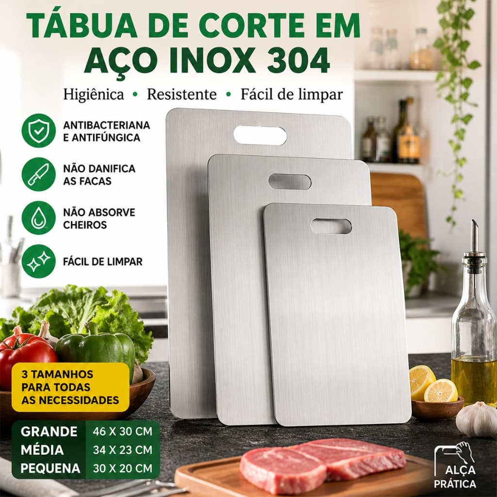 Tábua de Corte Antibacteriana em Aço Inoxidável 304 30×46cm Fácil de Limpar