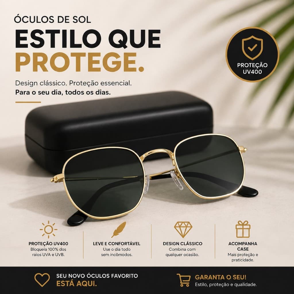 Óculos de Sol Hexagonal Unissex com Lente Escura e Armação de Metal Geometrico + Caixinha