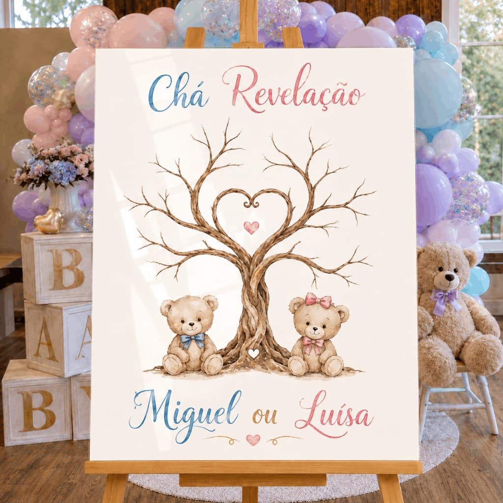 Quadro Chá Revelação Árvore de Palpites com nomes Ursinhos Decorativo