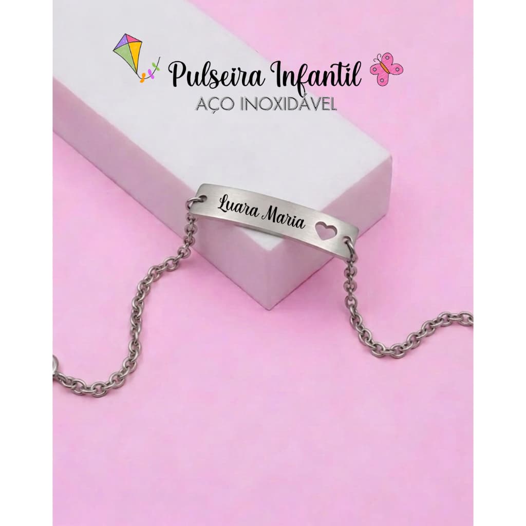Pulseira Infantil Personalizada em Aço Inoxidável com Nome Gravado a Laser
