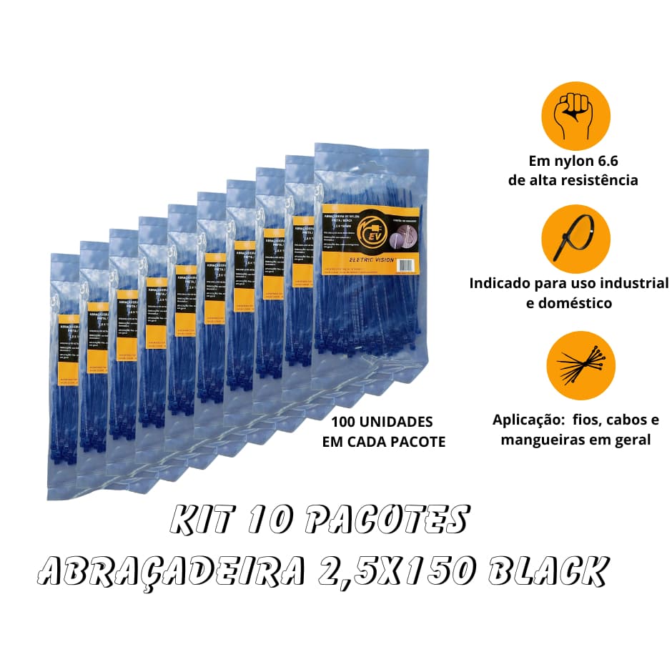 10 pacotes de ABRAÇADEIRA de nylon 2,5x150 preta