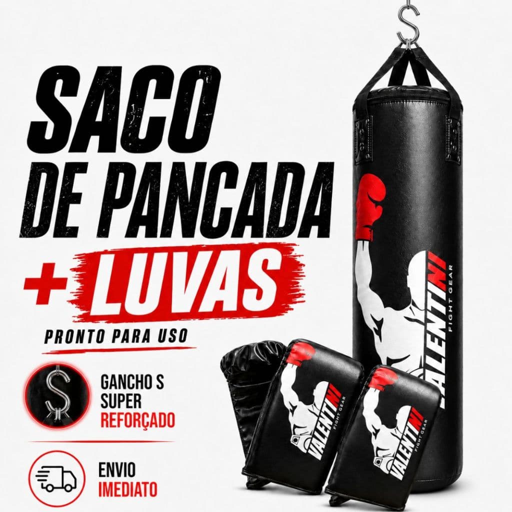 Saco de Pancada VALENTINI  100 cm - Treino Boxe Muay + 2 Luva Bate Saco Preta