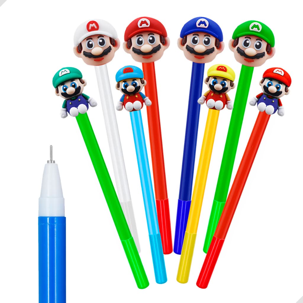 Kit 6 Canetas Gel Mario Bros Colecionável Ponta fina Infantil Divertido Material Escola Fofa
