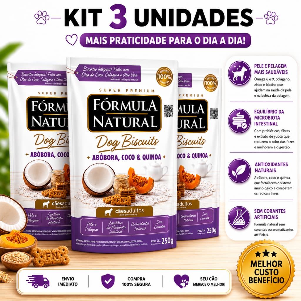 Kit 3 Fórmula Natural Dog Biscuits Abóbora,Coco e Quinoa RG 250g