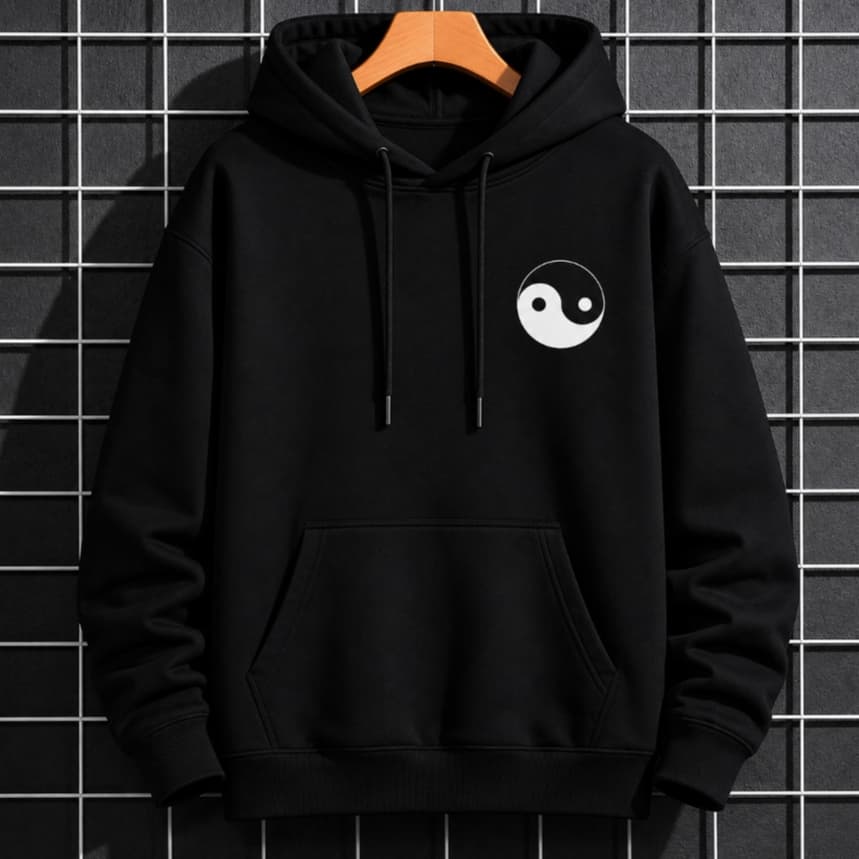 Moletom Preto Canguru Yin Yang Estampado Streetwear Blusa De Frio Mandrake Unissex