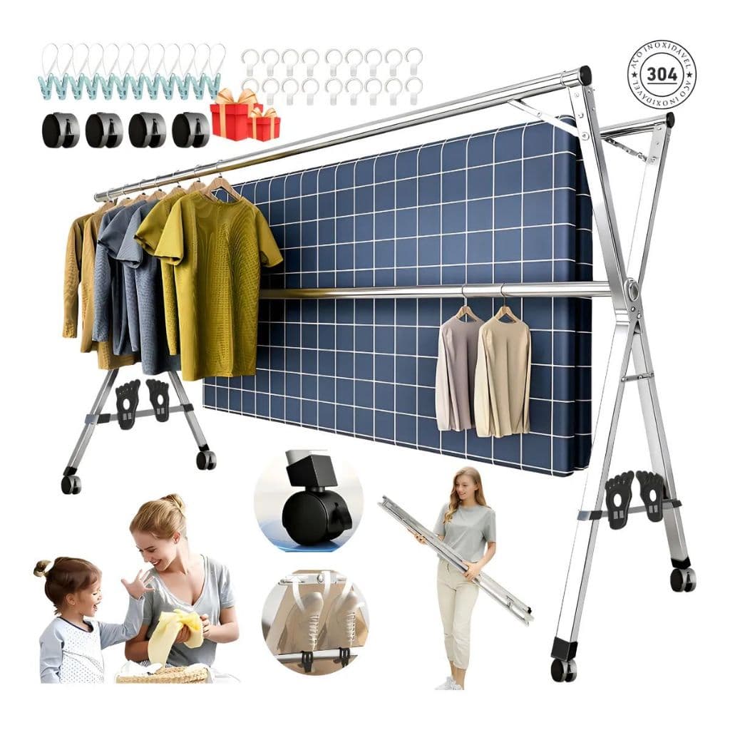 Varal De Chão Grande Retrátil e Dobrável Aço Inoxidável Reforçado com 4 Rodas Suporta Até 60kg para Roupas