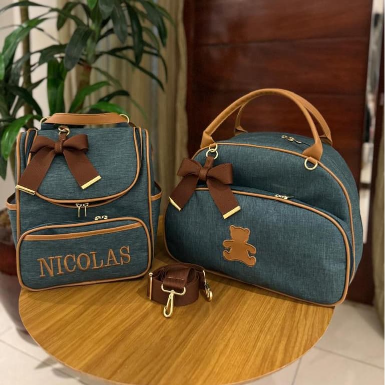 Kit Bolsas Maternidade Personalizado 3 Peças Bolsa e Mochila Alça Transversal Mamãe Bebê