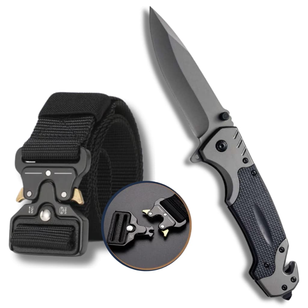 Kit Tático Militar Cinto Engate Rápido Fivela Metal + Canivete Dobrável Aço Caça Pesca Camping