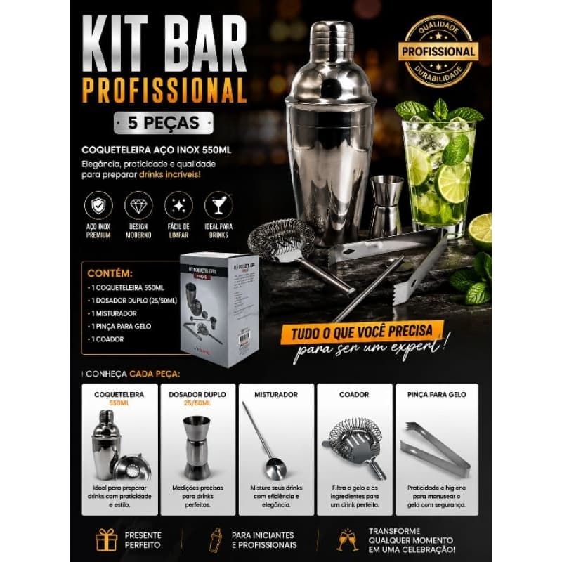 Coqueteleira Preparo de Drinks Profissional Aço Inox Bar Kit Ou somente a coqueteleira 500ml Barman