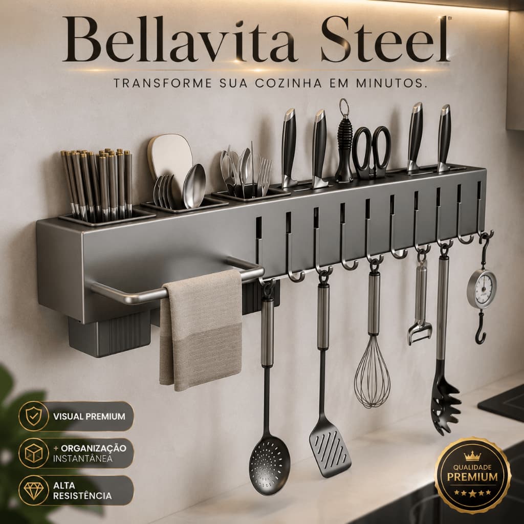Suporte Organizador de Cozinha 6 Ganchos Bellavita Steel Aço Premium Parede