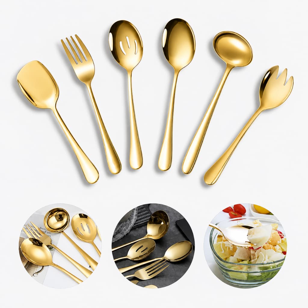 Kit 6 Talheres Grandes para Salada em Aço Inox Dourado