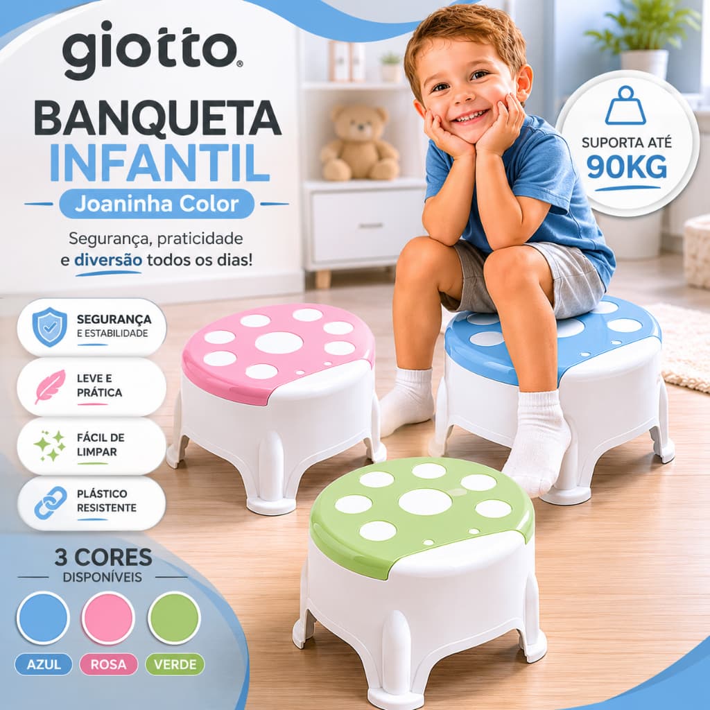 Banqueta Infantil Joaninha Azul Segurança, Diversão e Independência para o Dia a Dia até 90 Kg