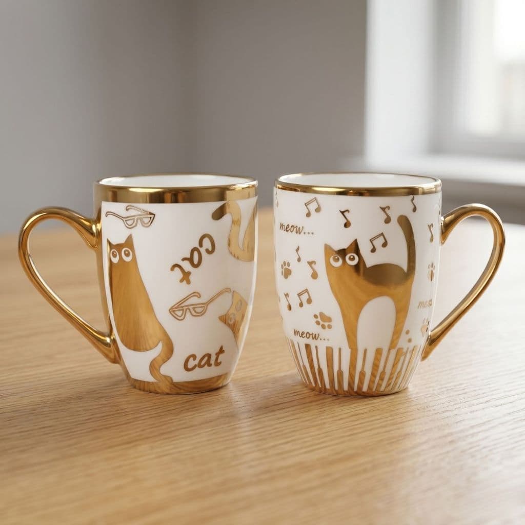 Caneca Decorativa de Gato c/ Acabamento Dourado – SORTIDA, Moderna e Charmosa
