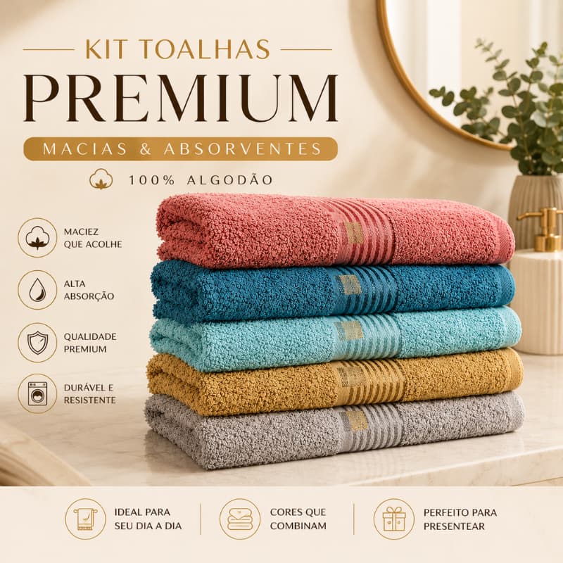 Kit 5pçs Toalha de Banho Olímpia e Confortável 70x1,40cm 100% Algodão |3938| Promoção