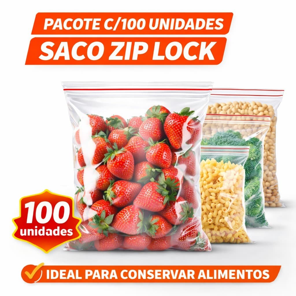 Saco Hermético Zip Lock Transparente 100 Unidades Reutilizável Multiuso