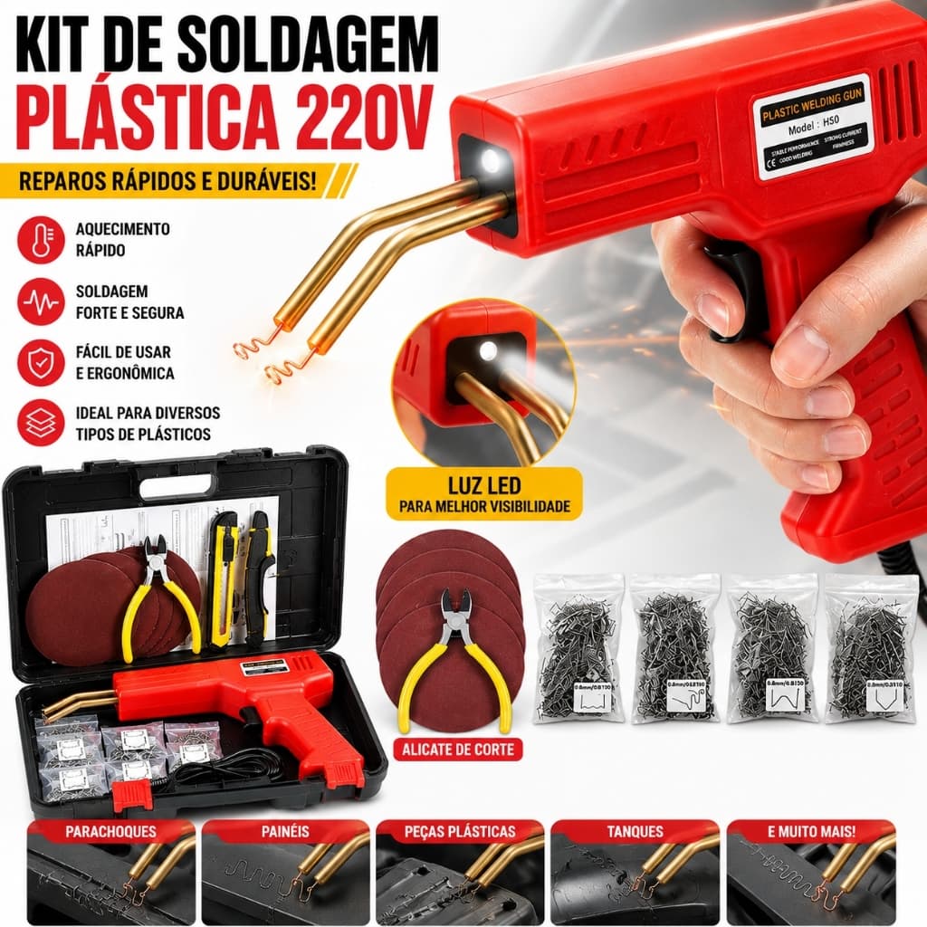 Kit Pistola Para Soldar Para-Choques Plásticos + 200 Grampos Profissional