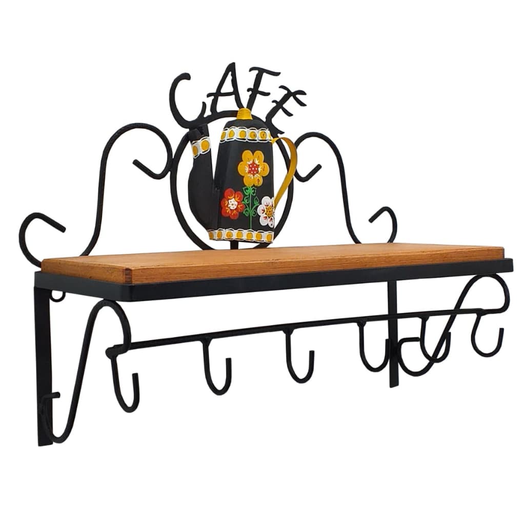 Prateleira Café Bule Preto Ferro E Madeira Resistente De Parede Decorativa Para Cantinho Do Café