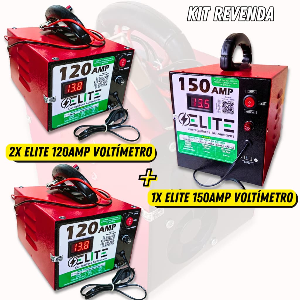 Kit 3 Carregador de bateria 12V 5A 12A Voltímetro Elite Revenda Atacado Bivolt Carga Lenta Rápida Turbo Ventilação