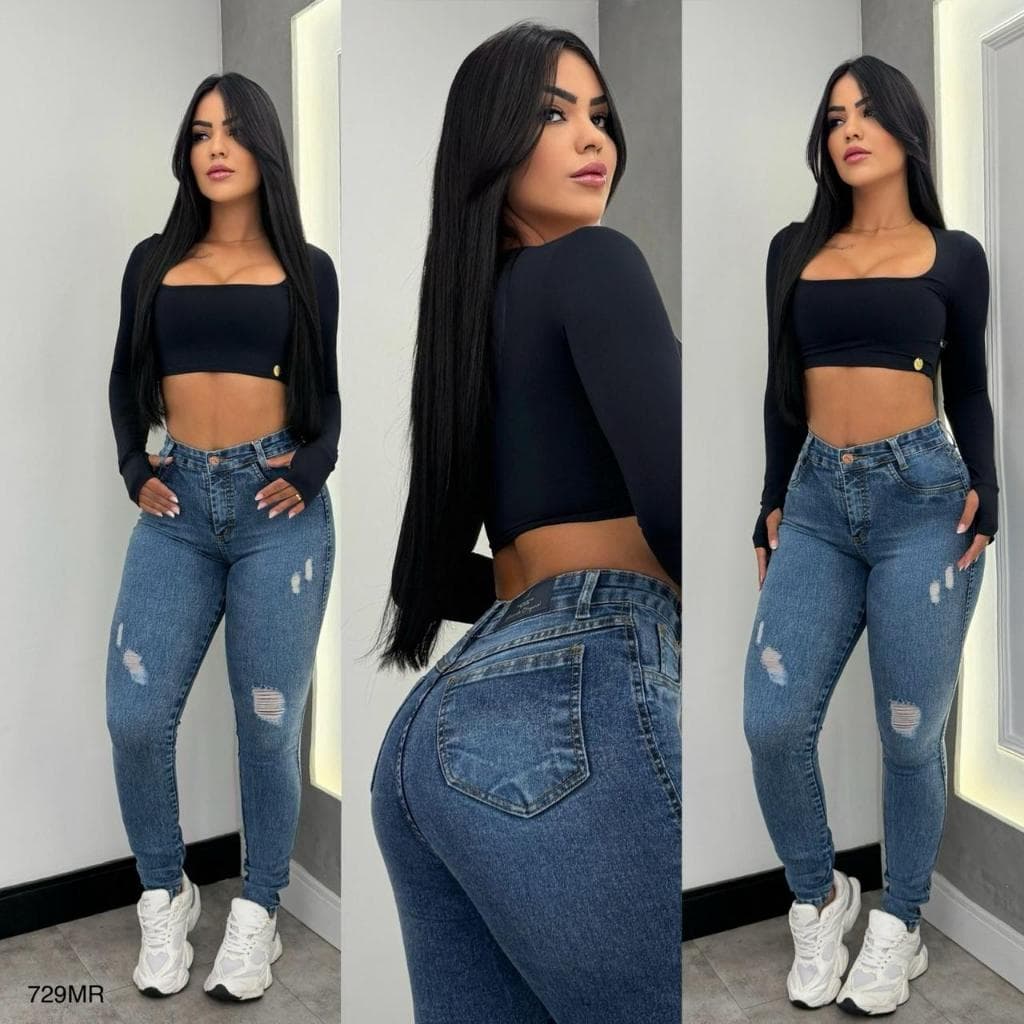 Calça Skinny Jeans  Com Elastano Cintura Alta Levanta Bumbum Sal e Pimenta - Pimenta Original - Vários Modelos