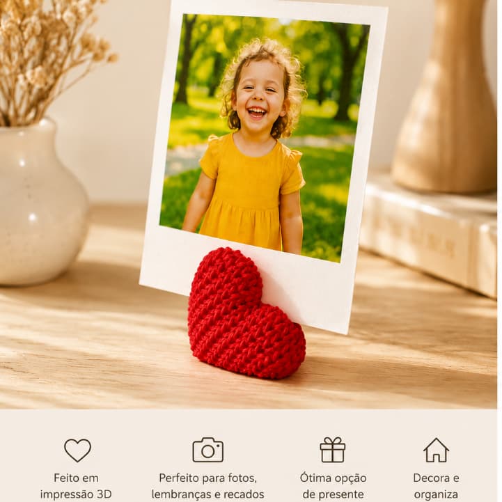 Mini Suporte Coração para Fotos, acabamento Efeito Tricô, em 3D