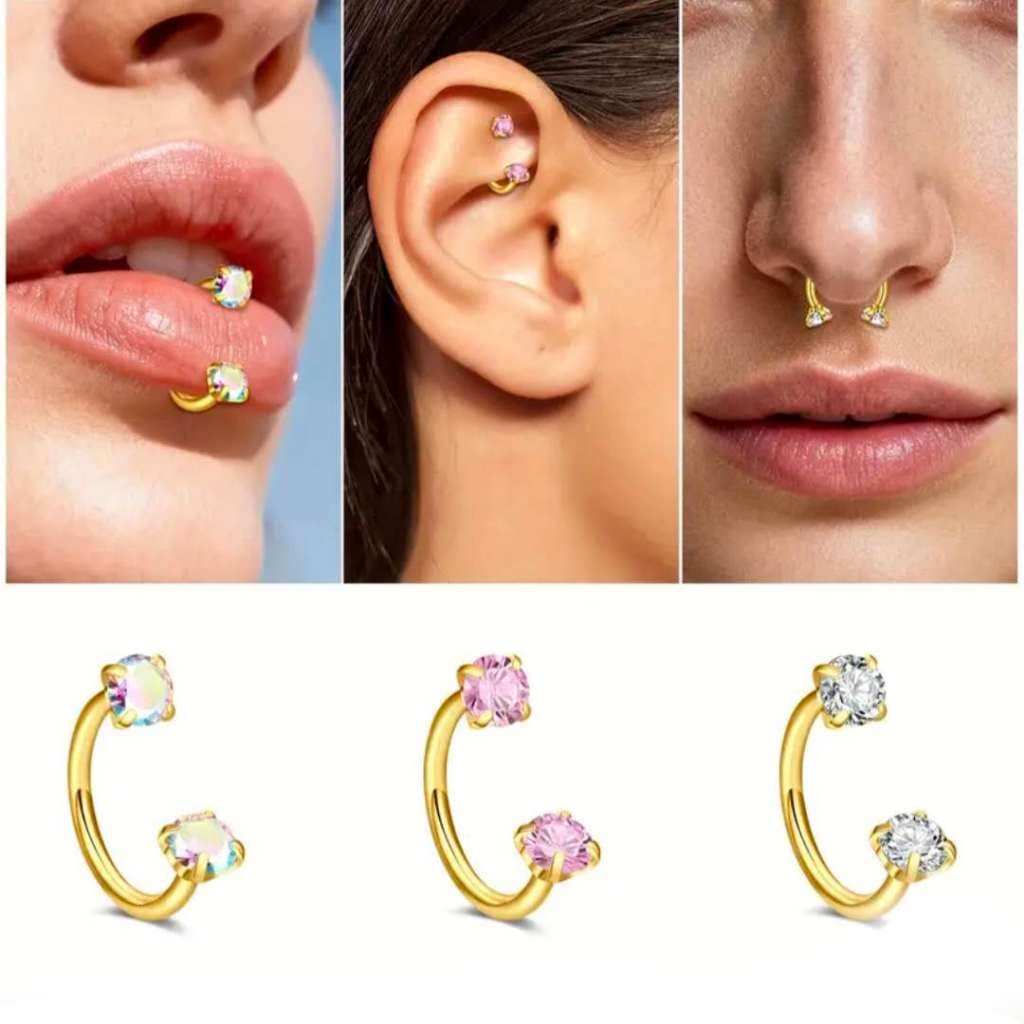 Kit 2 Piercing de Nariz em Aço Inoxidável em Forma de U com Zircônia de Cabeça Dupla