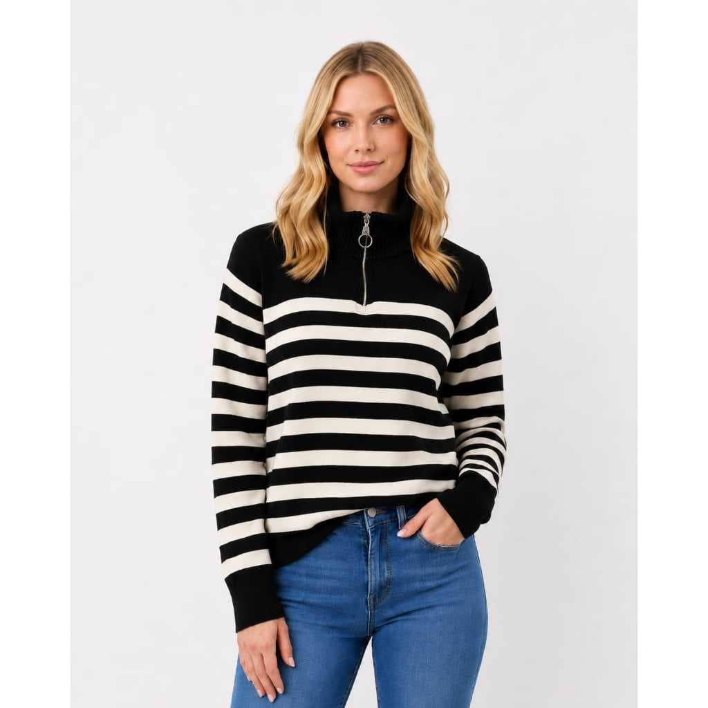 Suéter Feminino Tricô Listrado Gola Alta com Zíper Manga Longa