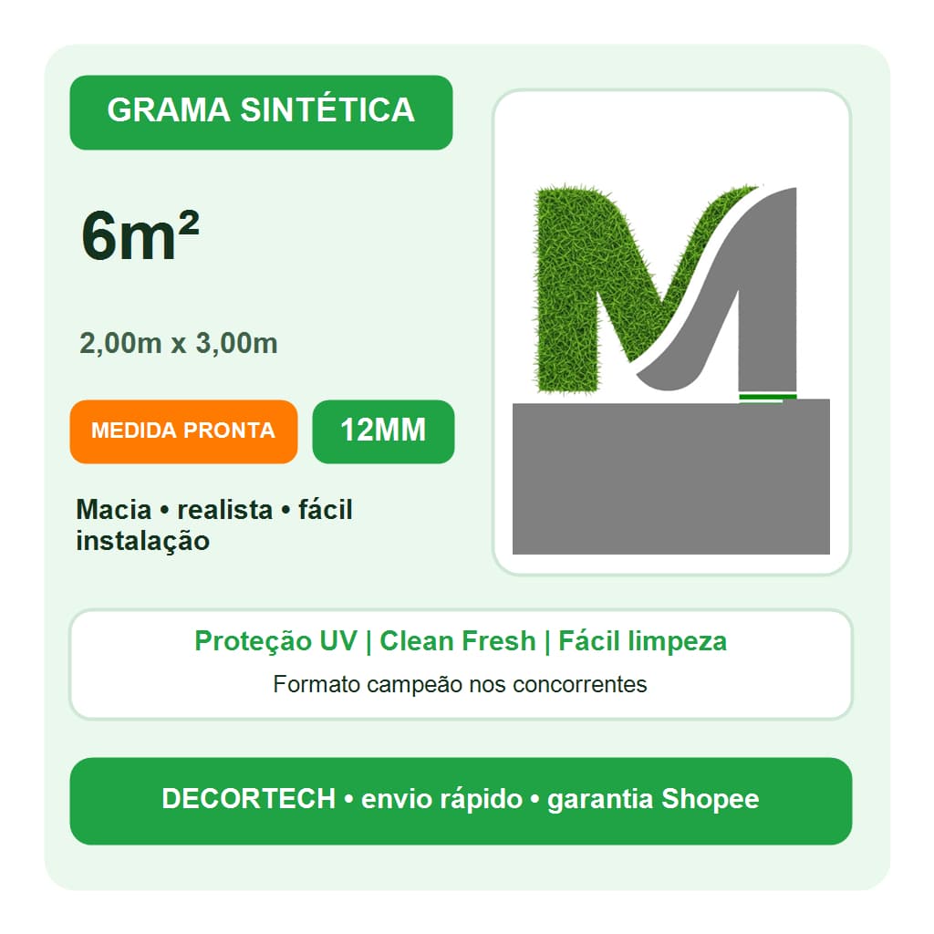 Grama Sintetica 6m2 2x3m 12mm Varanda Quintal Jardim