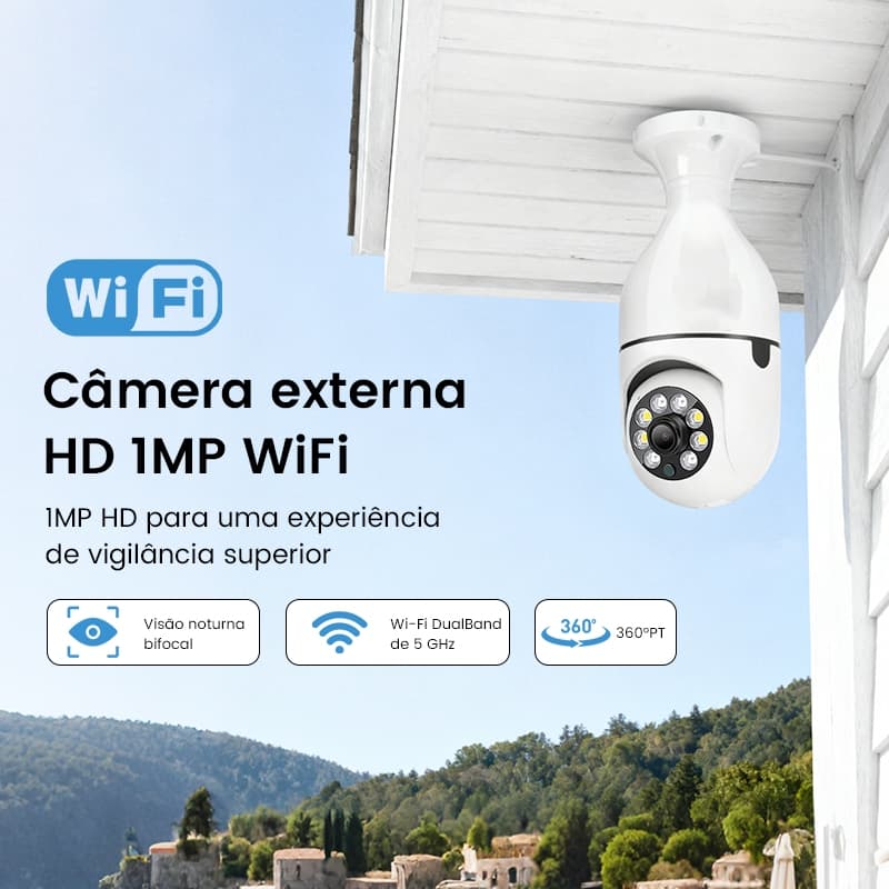 Câmera Segurança Wifi Lâmpada 2 Em 1 Prova D'água IP66 Visão Noturna Infravermelho 360° Externa 2.4G
