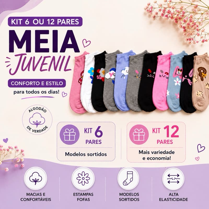 kit 6 Pares de Meia Juvenil Menina Confortável Macia Criança Estampas Sortidas Cano Curto Escola