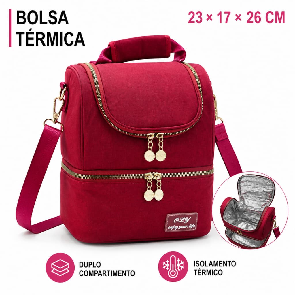 Bolsa Térmica Dupla 2 Compartimentos 23x17x26cm Lancheira Marmita Isolamento Térmico Impermeável Grande para Alimentos