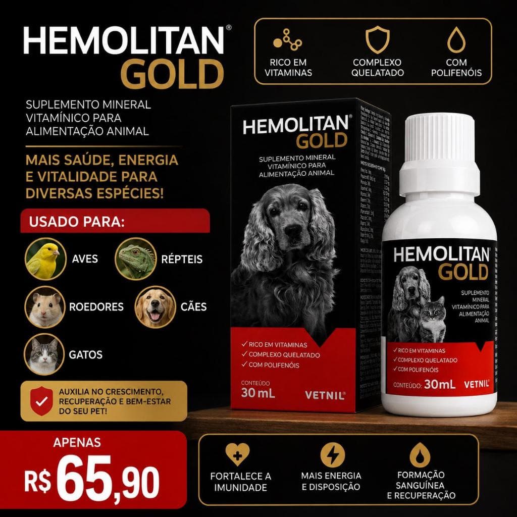 Suplemento Vitaminico Hemolitan Gold Vetnil 30ml / Suplemento Mineral Vitaminico para Animais