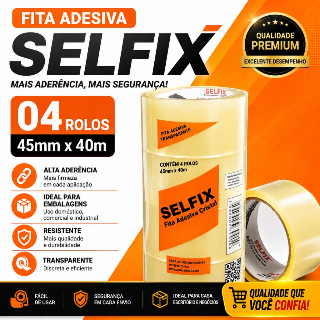 4 Rolos Fita Adesiva Transparente Selfix 45mm x 40m Alta Resistência