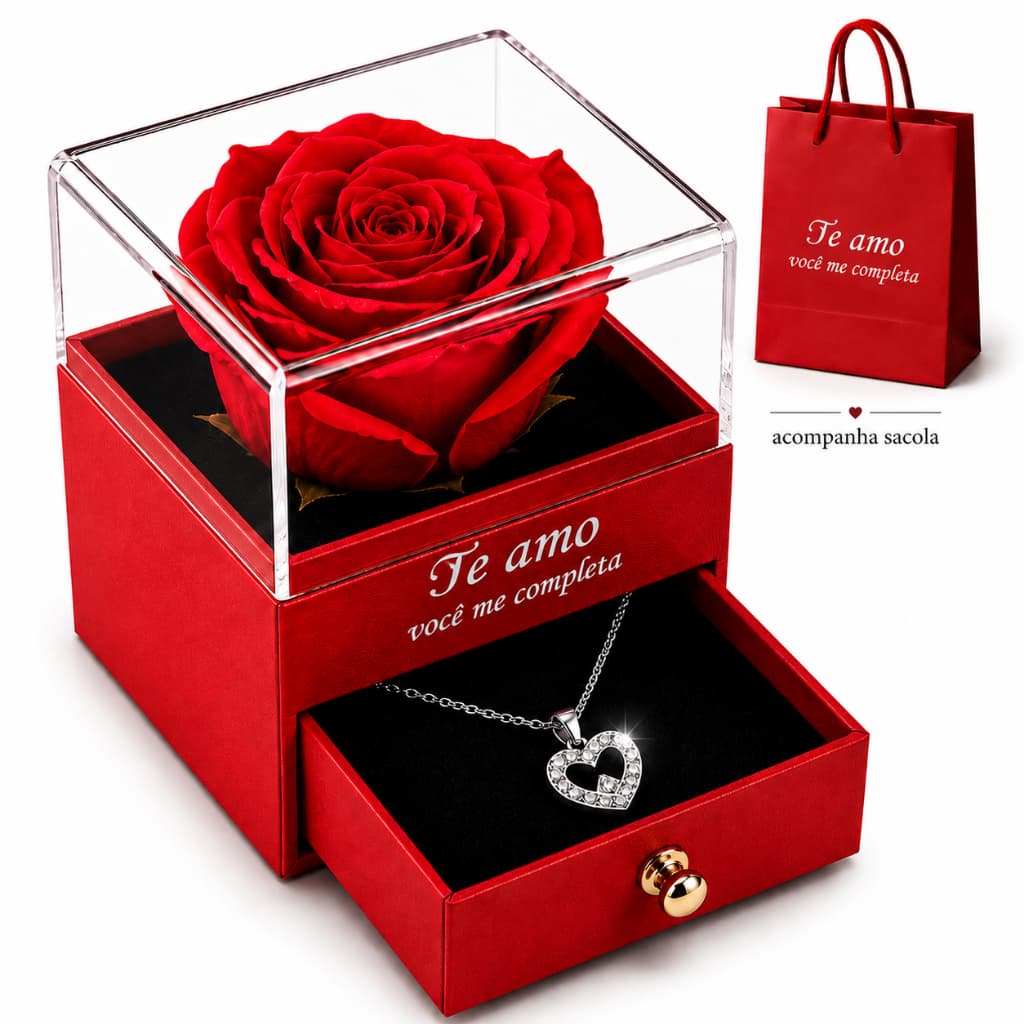 Caixa de Presente Rosa Eterna com Colar e Sacola | Presente Romântico Feminino Dia dos Namorados