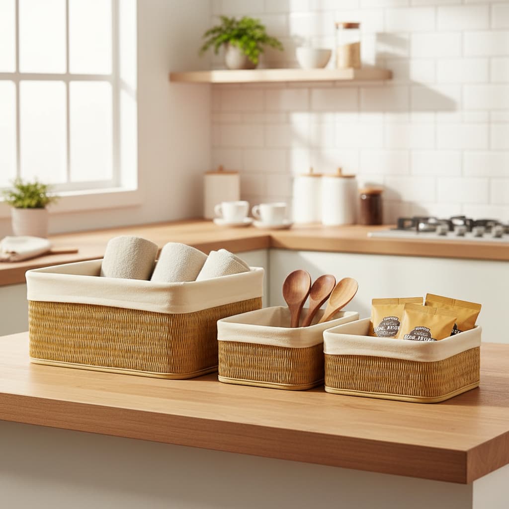 Kit Três Cestos Organizadores Bambu Práticos Sustentáveis Organização Elegante Moderno Durável