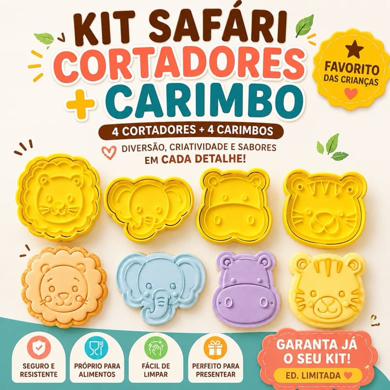 Kit Cortadores + carimbo Animais Safari Biscoito Massinha Biscuit Pasta Americana Confeitaria Infantil Molde Massinha