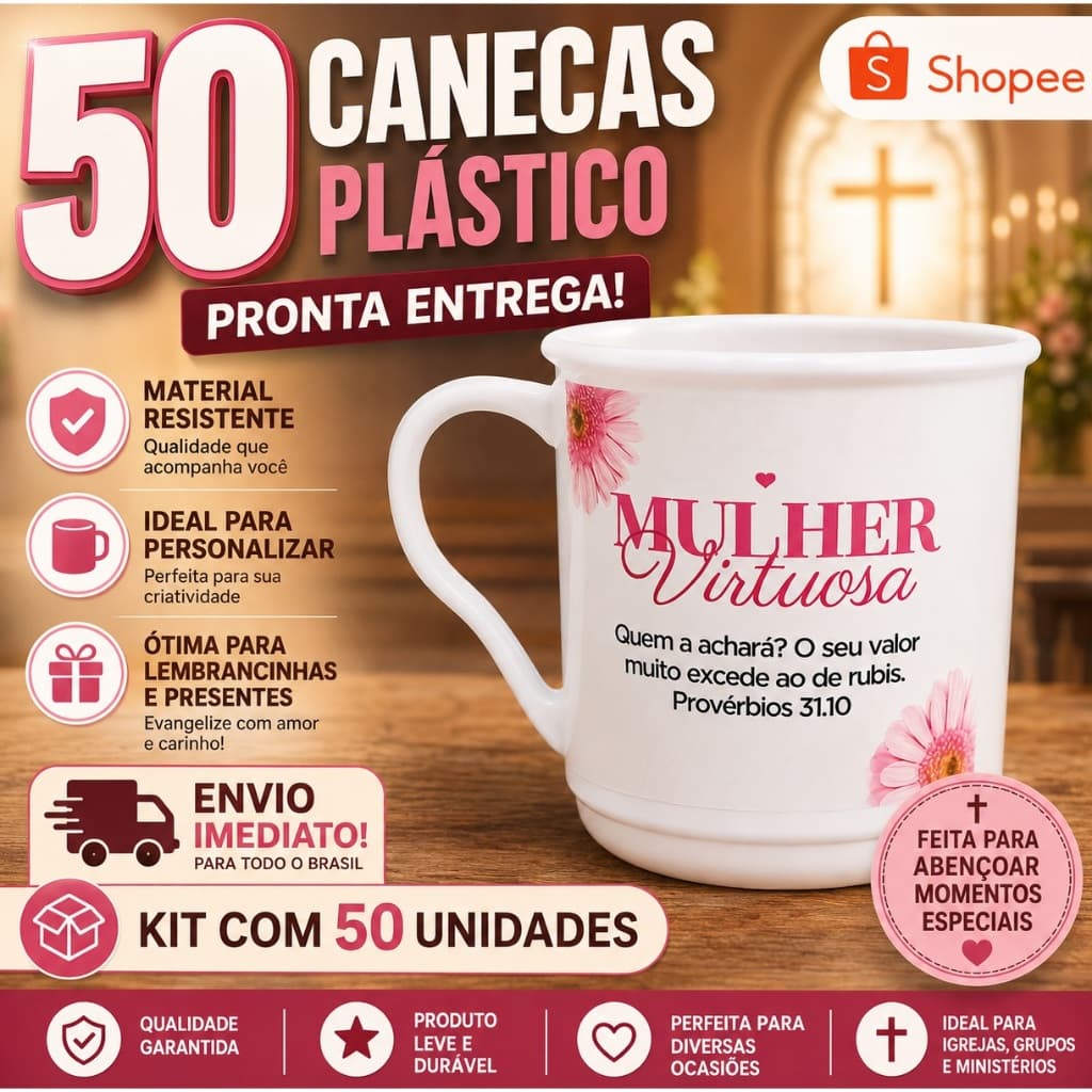 Lembrancinha kit 50 canecas mulher virtuosa versículos bíblicos xicara igreja culto das mulheres