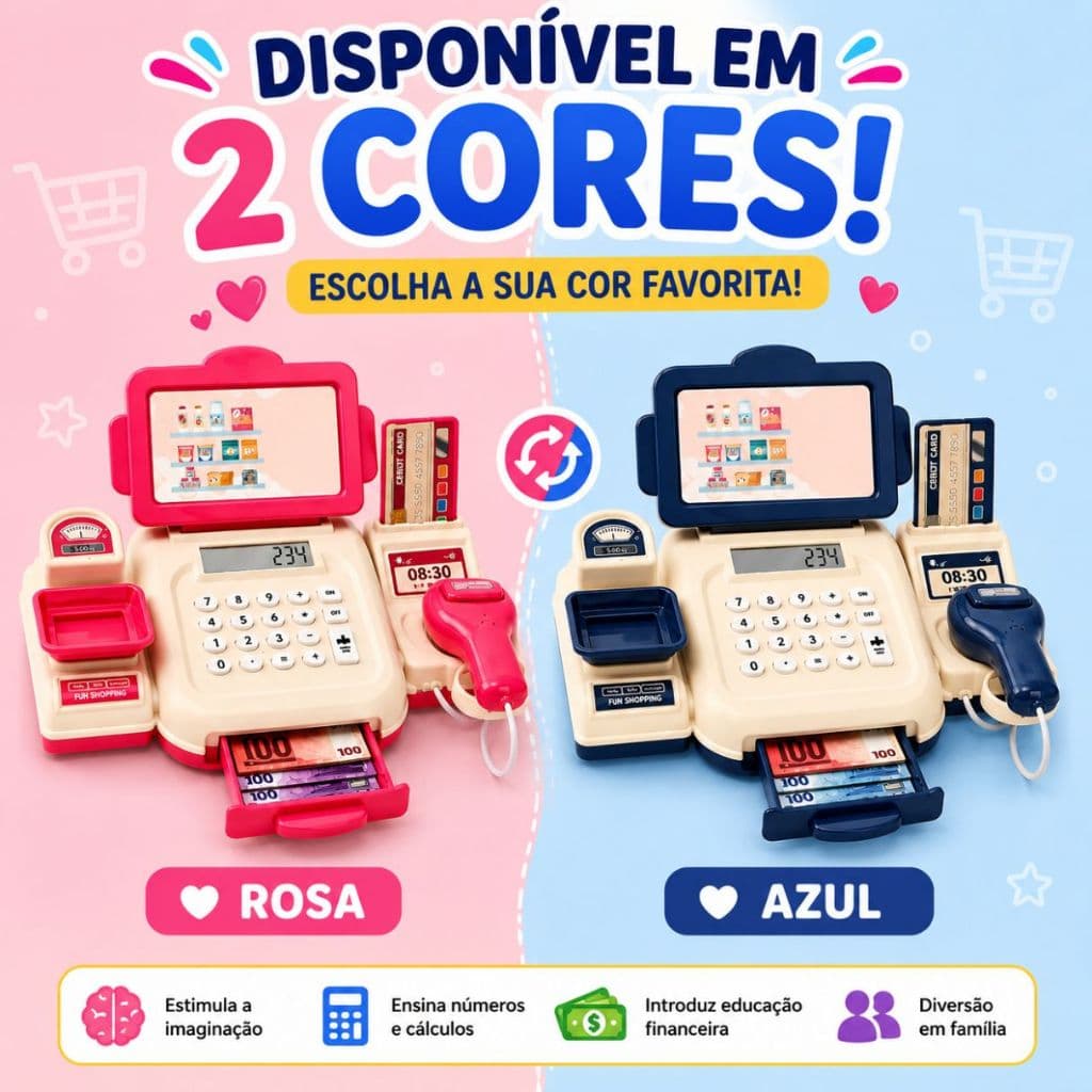 Caixa Registradora Infantil Brinquedo com Luz e Som 15 peças Rosa ou Azul