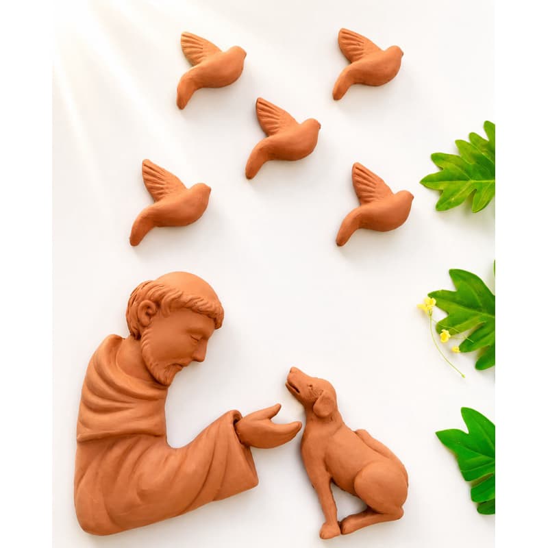 Escultura São Francisco com Pássaros e Cachorro em Cerâmica