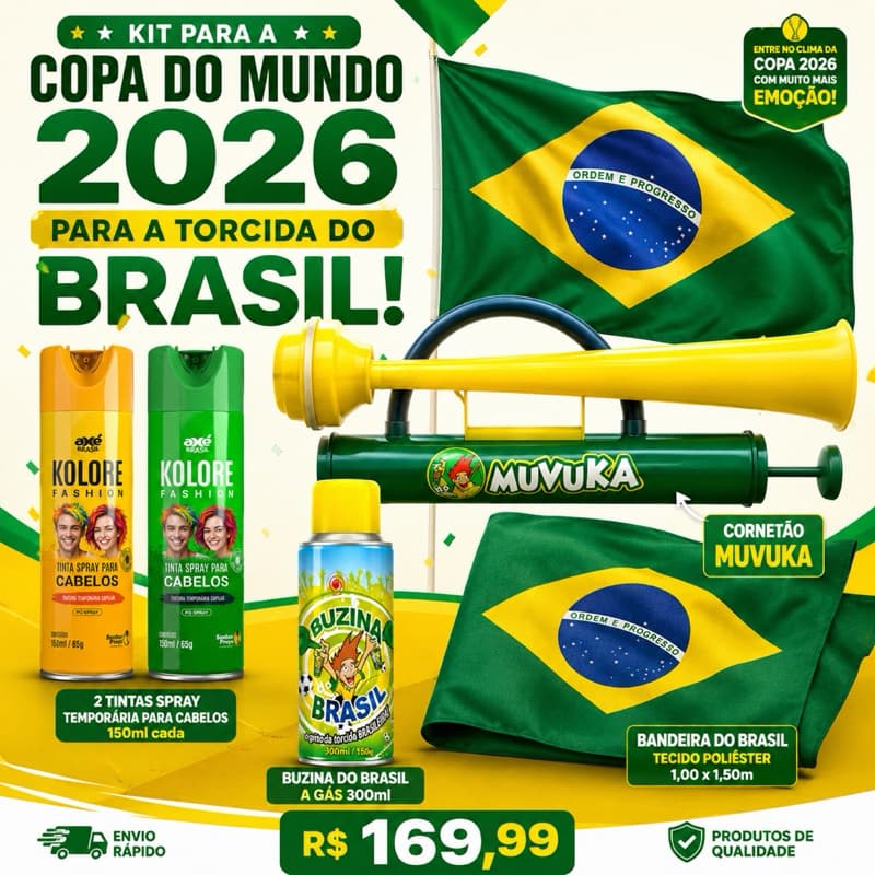 KIT TORCIDA DO BRASIL - 2 tintas cabelo - 1 bandeira 1,00 x 1,50 - 1 buzina em spray e 1 cornetão MUVUKA