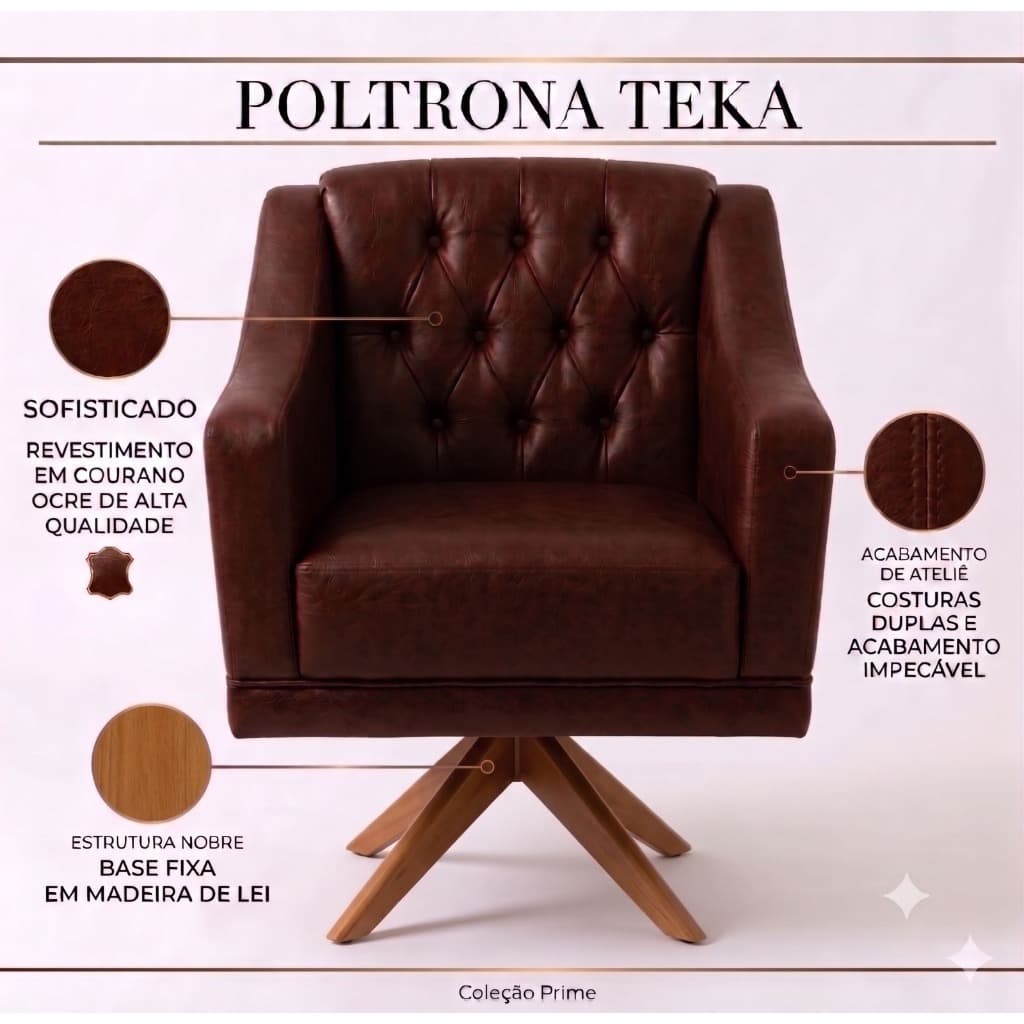 Poltrona Decorativa Teka Giratória Corano Ocre Moderna Luxo
