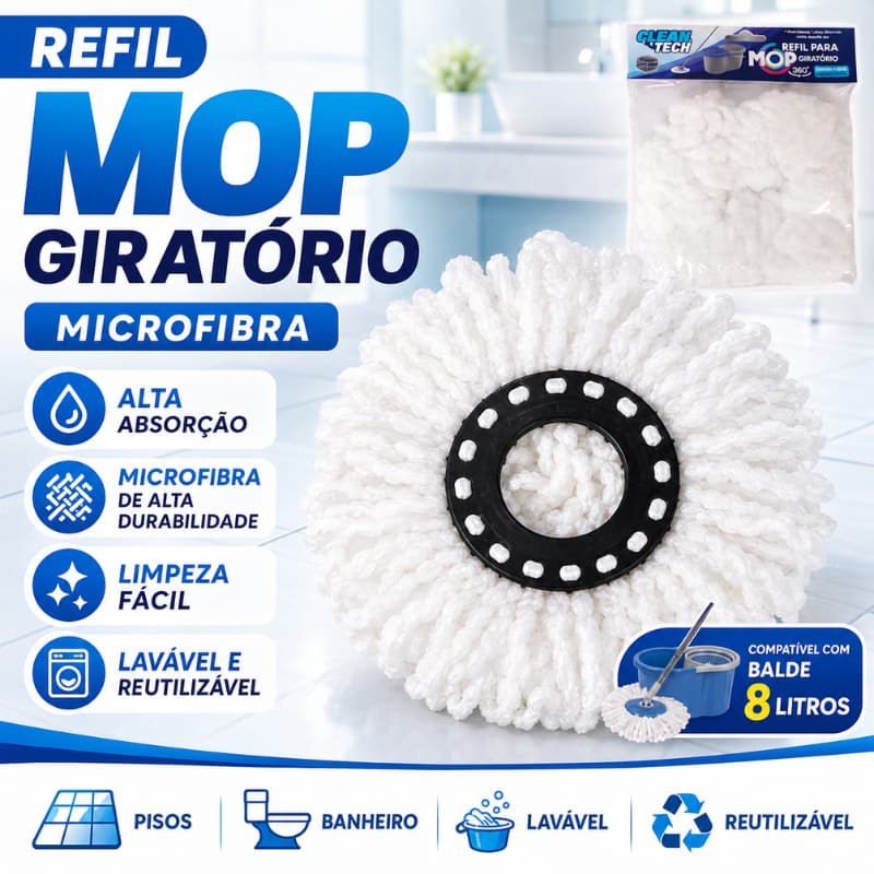 Refil Mop Giratório 8 Litros Substituição Fácil Alta Absorção Eficiência Casa Limpeza