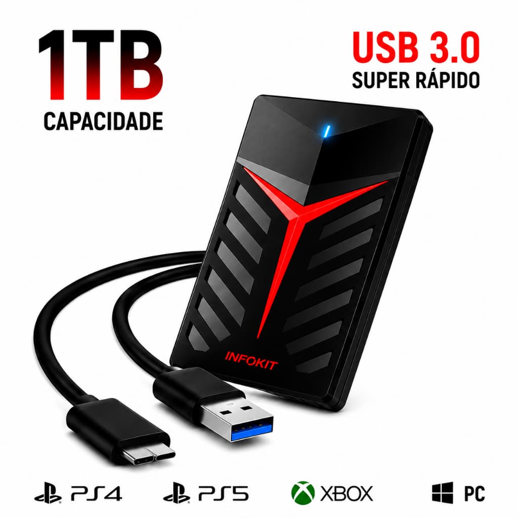 HD Externo Gamer 1TB USB 3.0 INFOKIT Ps4 Ps5 Xbox PC LED