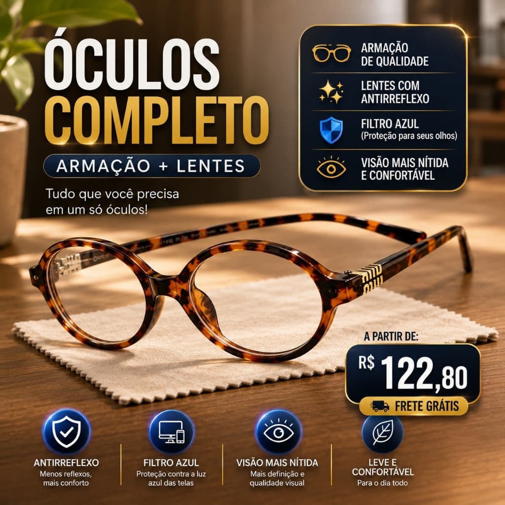 Óculos de Grau Feminino Oval em Acetato Várias Cores + Lentes Antirreflexo para Miopia, Hipermetropia e Astigmatismo.