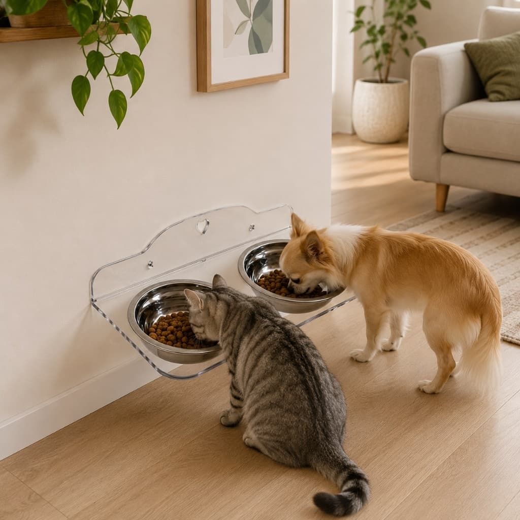 Comedouro Bebedouro De Acrílico Duplo Pet Elevado Elegante De Parede P/ Cães e Gatos Pet