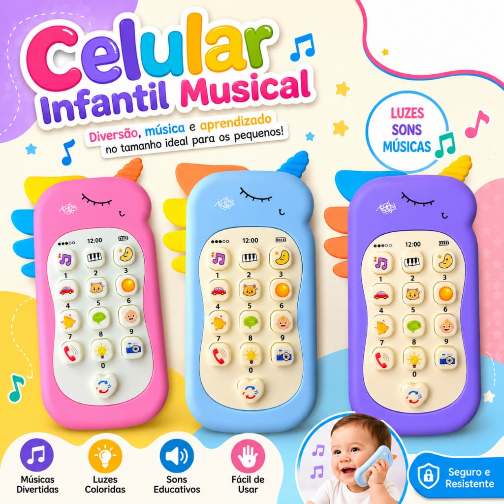 Celular Infantil Telefone Interativo Musical Unicórnio Bebê ou Dinossauro