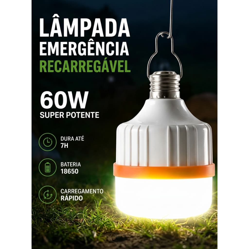 Lâmpada LED Recarregável 60W Emergência Bivolt Inteligente COD XK-Y3860