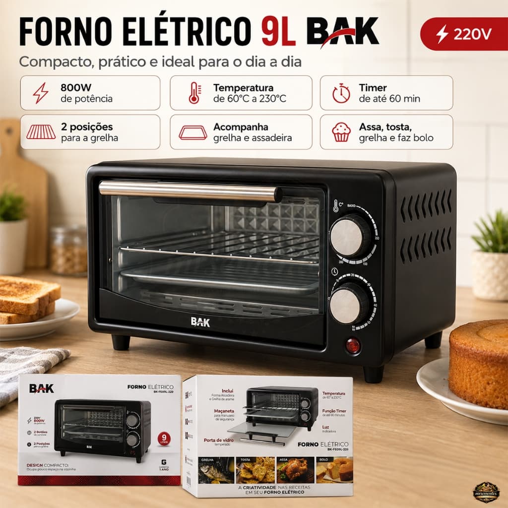 Forno Elétrico 9L Pequeno 110V 220V Compacto 800W Assa Tosta Aquece Timer Temperatura 230C