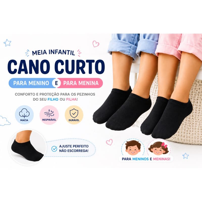 Kit De 3 Até 12 Pares De Meias INFANTIL Preta Algodão